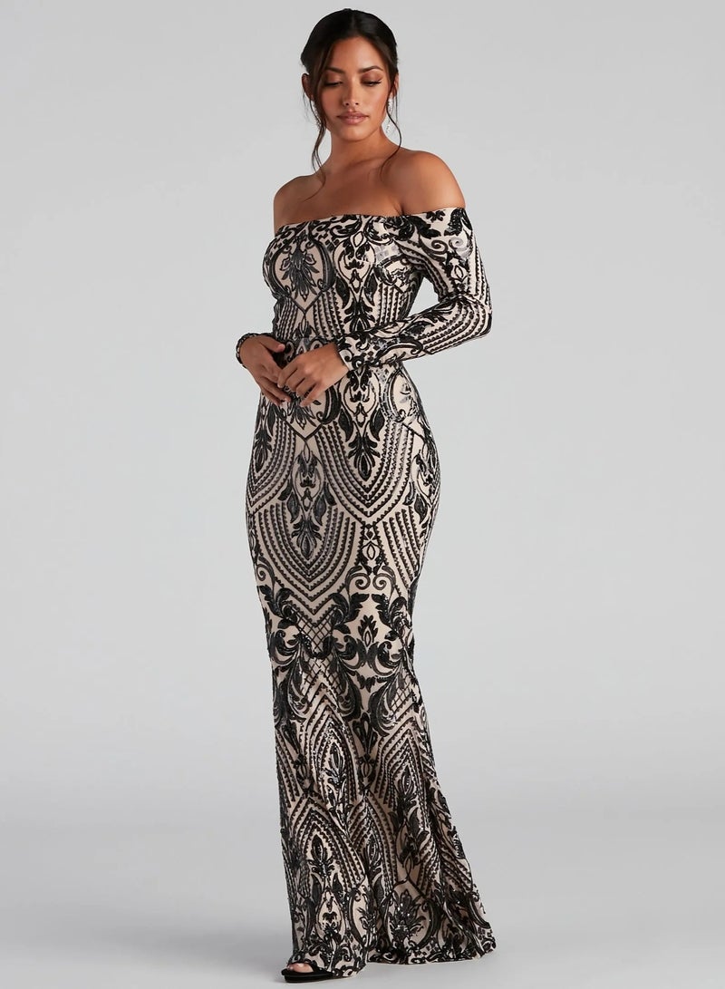 GEXUAN Patterned Maxi Dress: Off - Shoulder, Long Sleeves, Mermaid Cut - Image 2