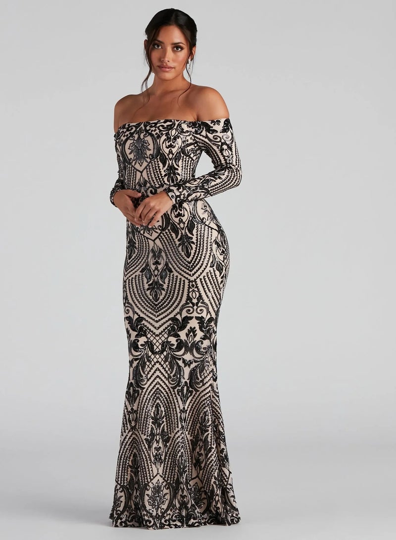 GEXUAN Patterned Maxi Dress: Off - Shoulder, Long Sleeves, Mermaid Cut - Image 1