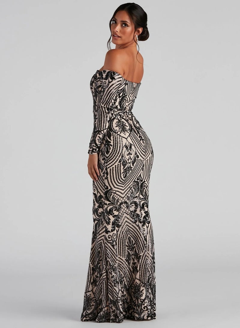 GEXUAN Patterned Maxi Dress: Off - Shoulder, Long Sleeves, Mermaid Cut - Image 3