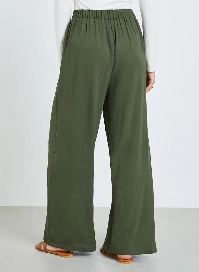 Take Two Green Dark Green Pleated Wide Leg Pants with Drawstring for Women | Best Price UAE