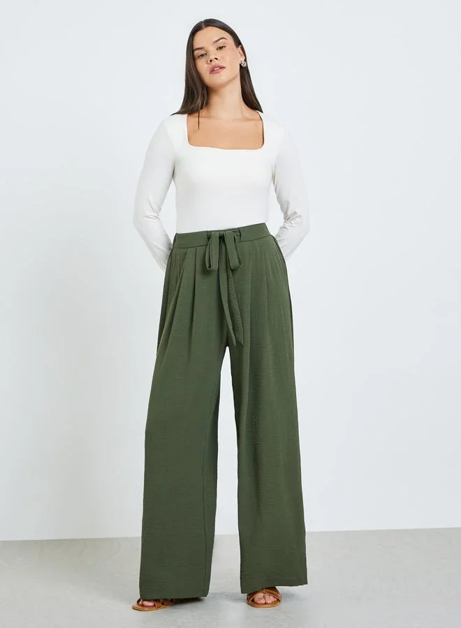 Take Two Dark Green Pleated Wide Leg Pants with Drawstring