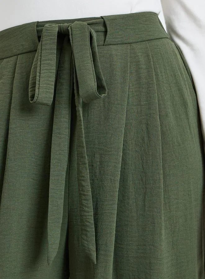 Take Two Green Dark Green Pleated Wide Leg Pants with Drawstring for Women | Best Price UAE