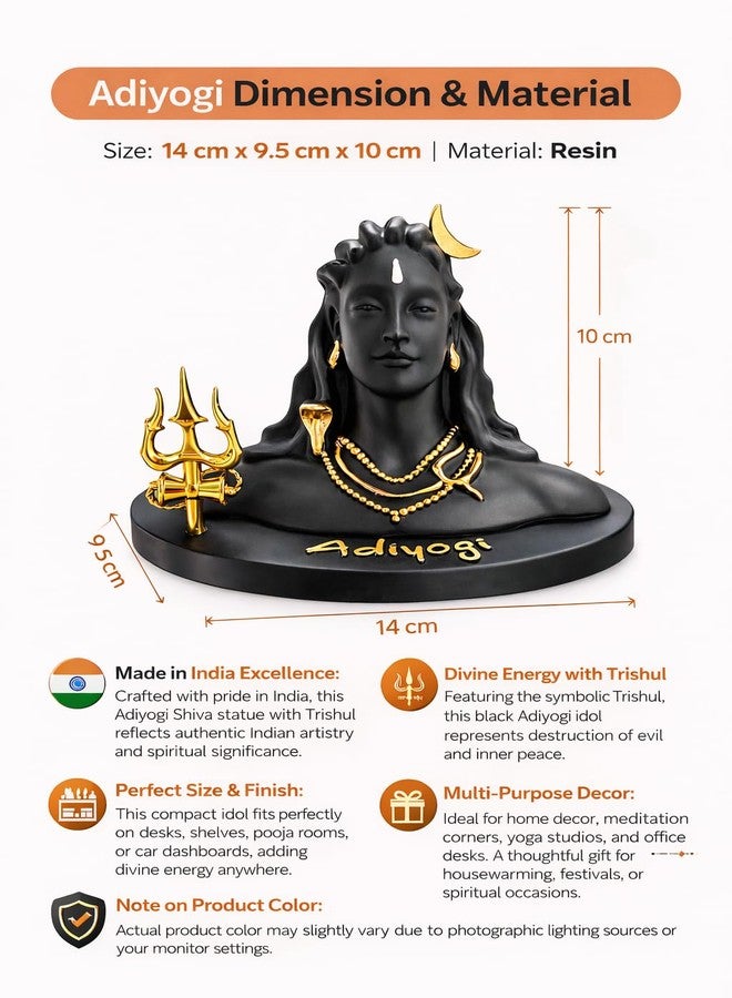 GJ Exclusive Made in India Adiyogi Shiva Statue with Trishul | Black Color | Meditation Idol for Home, Office, Gift, Car Dashboard, Yoga Decor (10 CM) - Image 3
