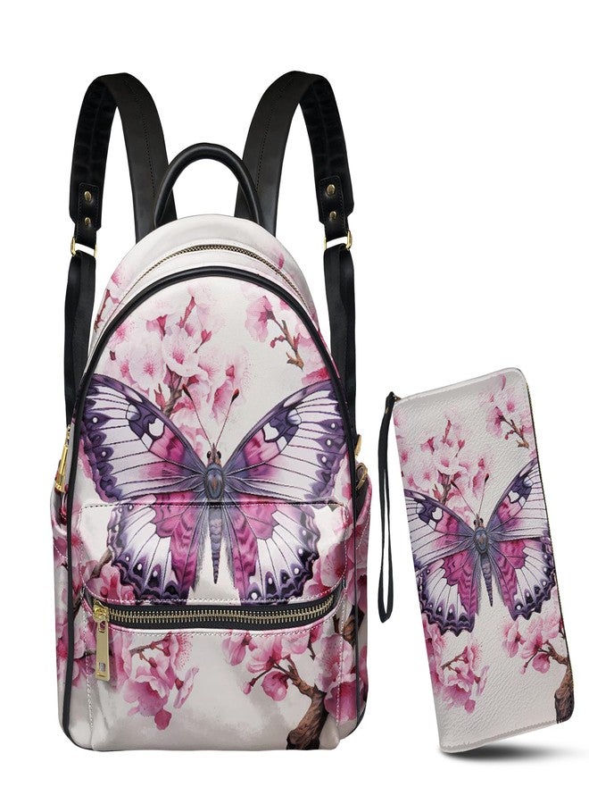 GLENLCWE Pink Butterfly Women's 2Piece Leather Backpack Purse and Wallet,Mini Backpack Shoulder Bag and Zipper Wallet with Card Slots for Causal Travel - Image 1