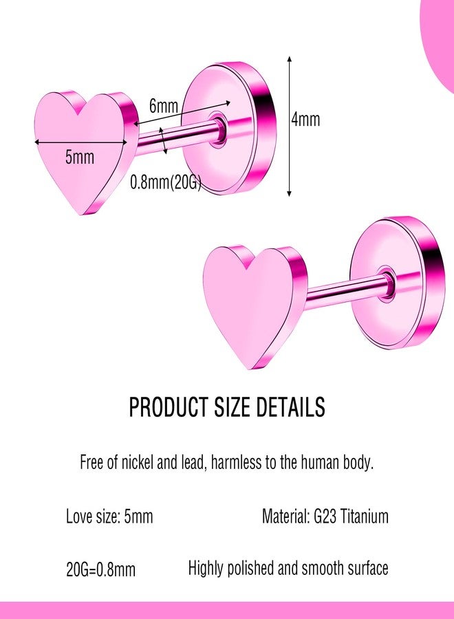 ZDE Women Earrings Flat Back Heart Earrings Titanium Hypoallergenic Non-Nickel Cartilage Earrings Studs for Sensitive Ears Simple Classic 5mm Pink Screw On Stud Earrings - Image 2