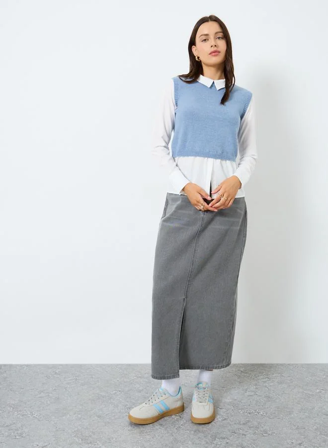 Styli Blue Sleeveless Vest with Shirt Top