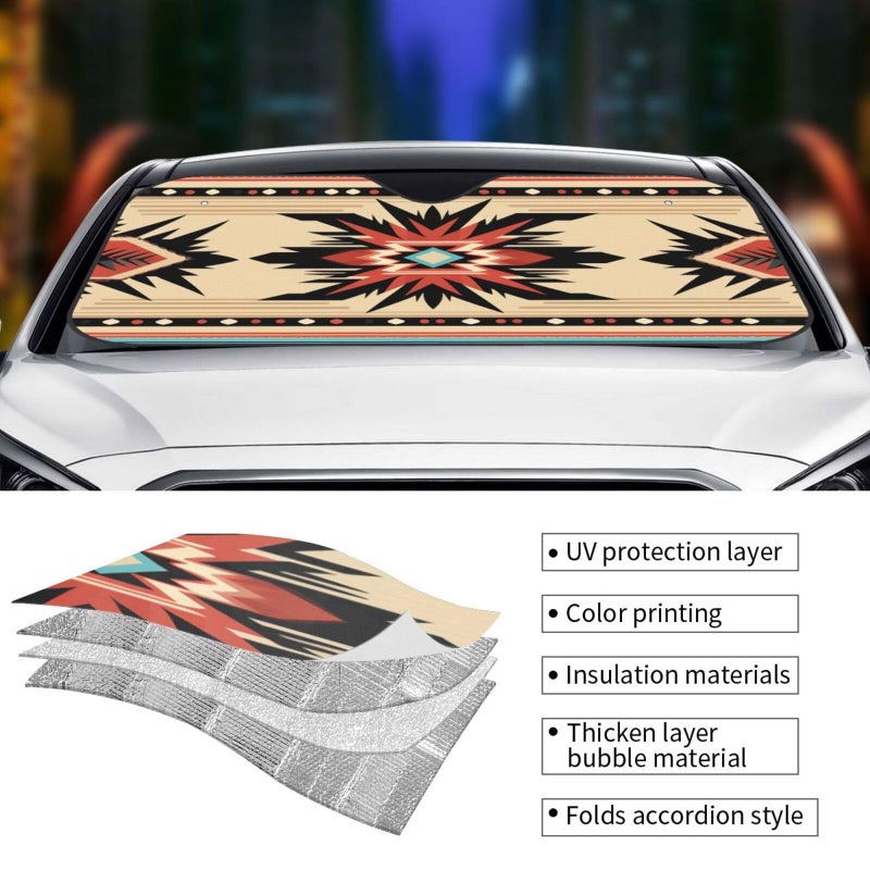 Small Black Car Windshield Sun Shade Foldable Sun Visor Protector with Native American Pattern - Image 4