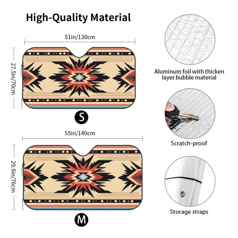 Small Black Car Windshield Sun Shade Foldable Sun Visor Protector with Native American Pattern - Image 3