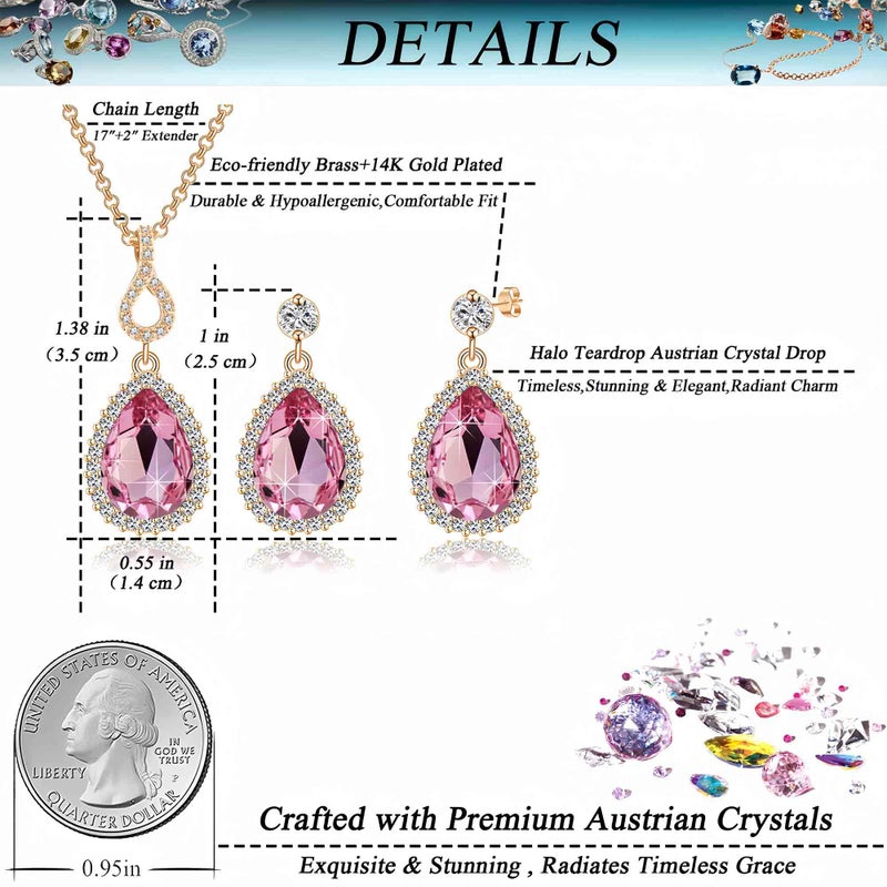 EVEVIC Austrian Crystals Teardrop Pendant Necklace Earrings for Women 14K Gold Plated Hypoallergenic Jewelry Set (Pink) - Image 4