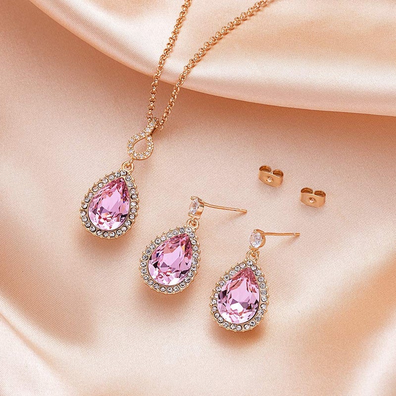 EVEVIC Austrian Crystals Teardrop Pendant Necklace Earrings for Women 14K Gold Plated Hypoallergenic Jewelry Set (Pink) - Image 5