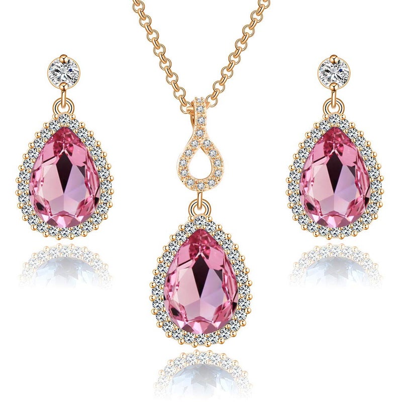 EVEVIC Austrian Crystals Teardrop Pendant Necklace Earrings for Women 14K Gold Plated Hypoallergenic Jewelry Set (Pink) - Image 1
