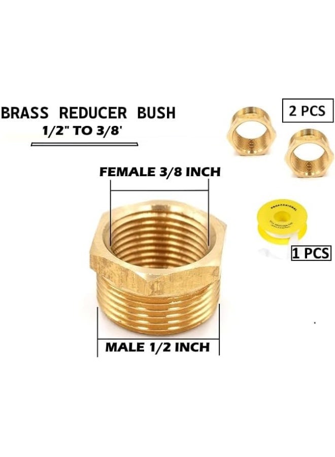 Biella Pack Of 2 Brass Reducer Bsp Male Thread To Female Thread Reducing Bush Hex Reducer Bushing Hose Pipe Fitting Connector Adapter And Teflon Tape (1/2 Inch To 3/8 Inch) - Image 2