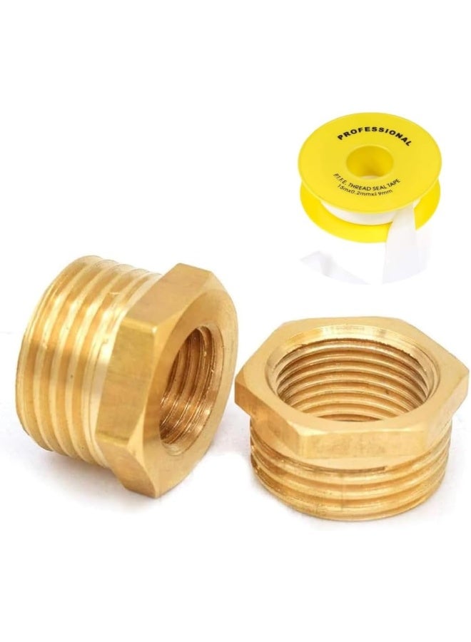 Biella Pack Of 2 Brass Reducer Bsp Male Thread To Female Thread Reducing Bush Hex Reducer Bushing Hose Pipe Fitting Connector Adapter And Teflon Tape (1/2 Inch To 3/8 Inch) - Image 1