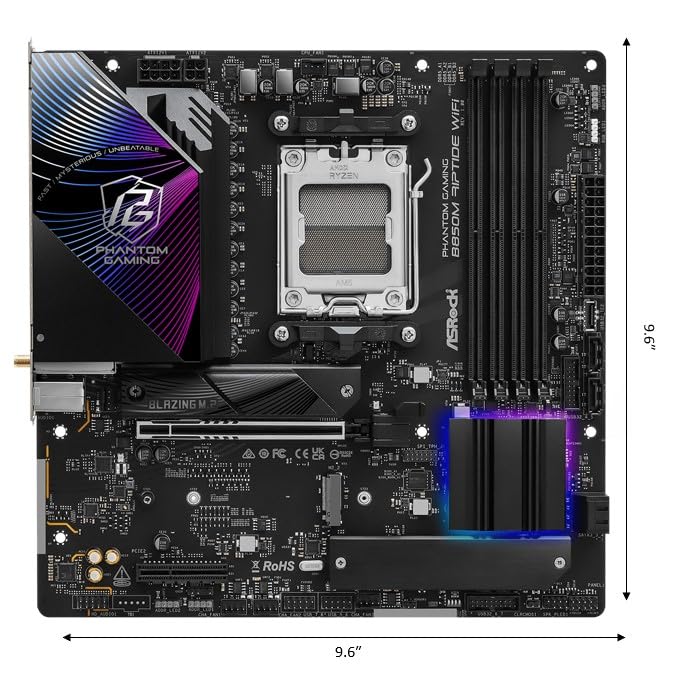 ASRock لوحة أم ASRock AMD B850M Phantom Gaming Riptide WiFi 7 مقبس AM5 لمعالجات Ryzen 9000 و 8000 و 7000 سلسلة DDR5 B850 حتى 8000+ (OC) ميجاهرتز 256GB Micro ATX M.2 SATA3 6.0 Gb/s PCIe 5.0 BIOS Flashback - Image 2