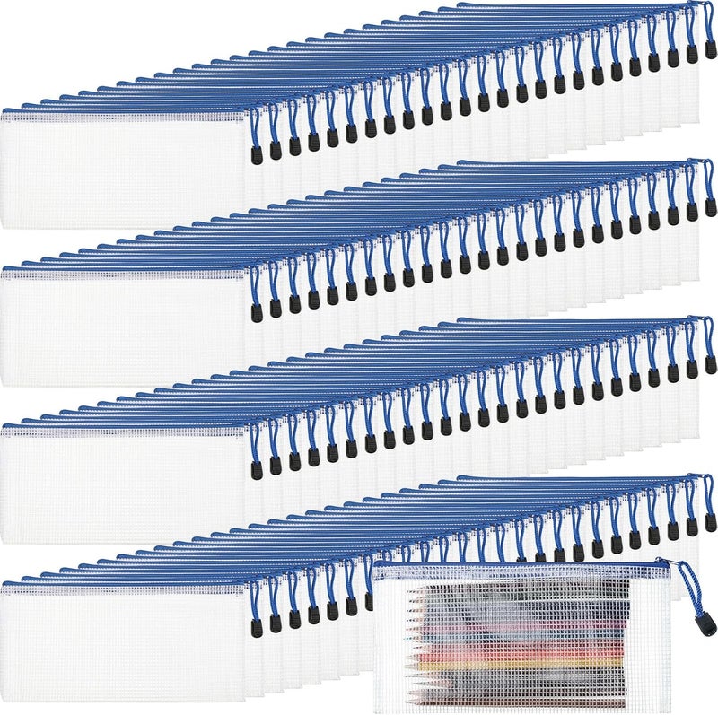Handepo 100 Pack Mesh Zipper Pouch Pencil Pouches Bulk Clear File Bag Waterproof Document Pouch Multipurpose for Storage Office Travel Puzzle Game (A6/9.45x4.53in,White Pouch Blue Zipper) - Image 1