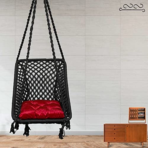 Patiofy Wood Square Shape Swing Chair for Balcony, Living Room, Home - Hammock Hanging Swing With Red Square Cushion - Black, 46 Centimeters - Image 3