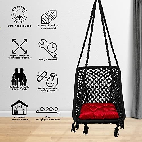 Patiofy Wood Square Shape Swing Chair for Balcony, Living Room, Home - Hammock Hanging Swing With Red Square Cushion - Black, 46 Centimeters - Image 5