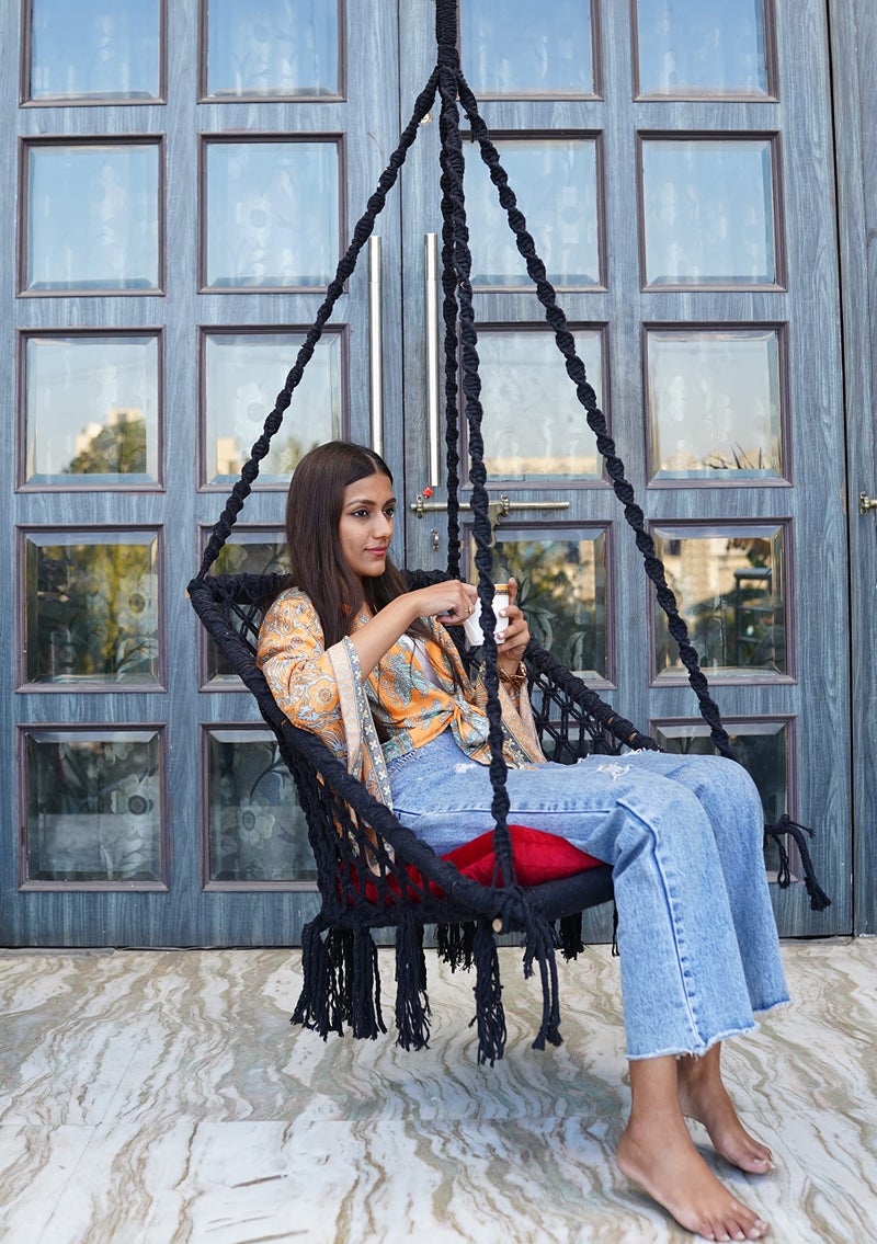 Patiofy Wood Square Shape Swing Chair for Balcony, Living Room, Home - Hammock Hanging Swing With Red Square Cushion - Black, 46 Centimeters - Image 2