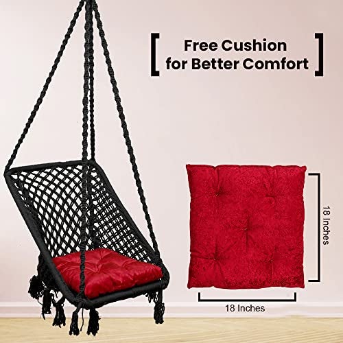 Patiofy Wood Square Shape Swing Chair for Balcony, Living Room, Home - Hammock Hanging Swing With Red Square Cushion - Black, 46 Centimeters - Image 4