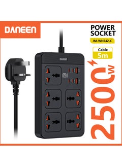 DANEEN 11 in 1 Universal Power Extension Cord, 5M Cable long Cord, with Master Switch, 4 Type-C and 2 USB Fast charging Ports,10A Fused UK Plug, 2500W Power Capable, & Earthling & Surge Protection - Black  - Image 2