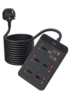 DANEEN 11 in 1 Universal Power Extension Cord, 5M Cable long Cord, with Master Switch, 4 Type-C and 2 USB Fast charging Ports,10A Fused UK Plug, 2500W Power Capable, & Earthling & Surge Protection - Black  - Image 1