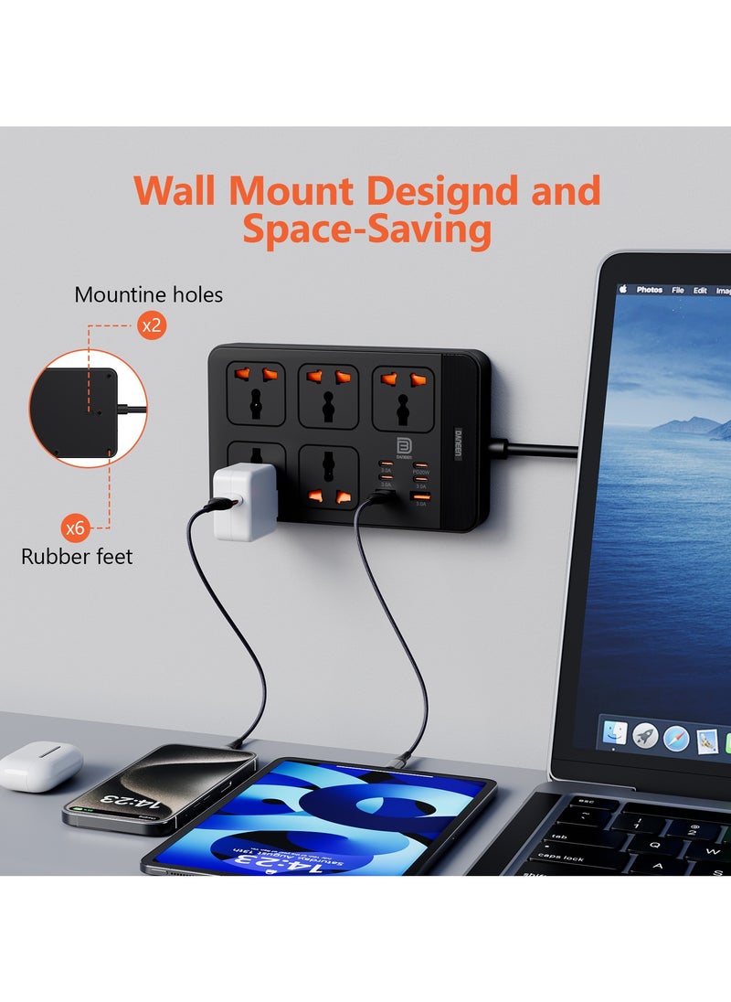 11 in 1 Universal Power Strip / Extension Cord, 5M Cable long Cord, with Master Switch, 4 Type-C and 2 USB Fast charging Ports,10A Fused UK Plug, 2500W Power Capable, & Earthling & Surge Protection - Black
