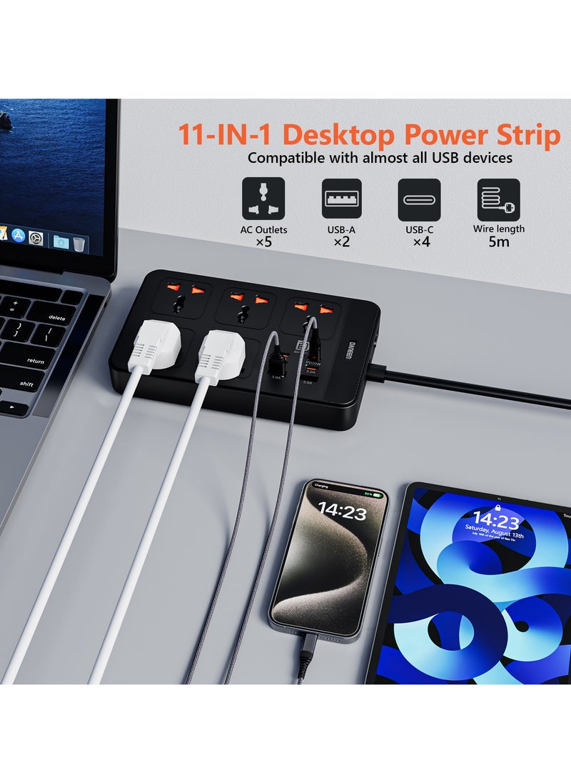 11 in 1 Universal Power Strip / Extension Cord, 5M Cable long Cord, with Master Switch, 4 Type-C and 2 USB Fast charging Ports,10A Fused UK Plug, 2500W Power Capable, & Earthling & Surge Protection - Black