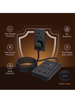 DANEEN 11 in 1 Universal Power Extension Cord, 5M Cable long Cord, with Master Switch, 4 Type-C and 2 USB Fast charging Ports,10A Fused UK Plug, 2500W Power Capable, & Earthling & Surge Protection - Black  - Image 4