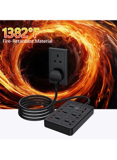 DANEEN 11 in 1 Universal Power Extension Cord, 5M Cable long Cord, with Master Switch, 4 Type-C and 2 USB Fast charging Ports,10A Fused UK Plug, 2500W Power Capable, & Earthling & Surge Protection - Black  - Image 5