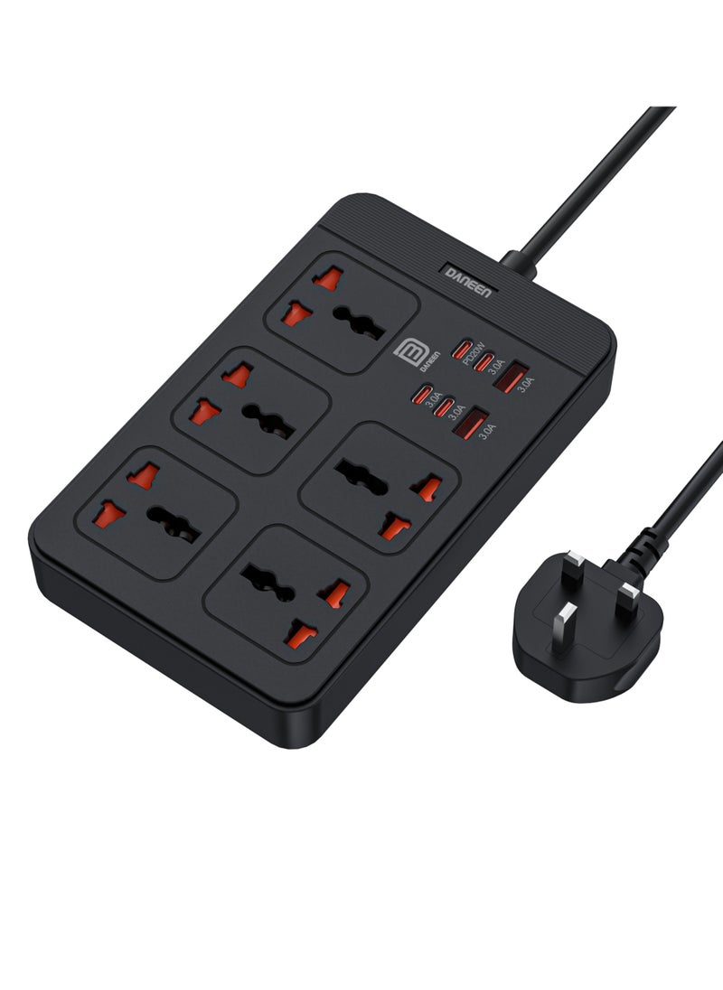 DANEEN 11 in 1 Universal Power Strip / Extension Cord, 5M Cable long Cord, with Master Switch, 4 Type-C and 2 USB Fast charging Ports,10A Fused UK Plug, 2500W Power Capable, & Earthling & Surge Protection - Black  - Image 2