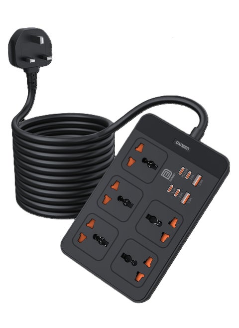 11 in 1 Universal Power Strip / Extension Cord, 5M Cable long Cord, with Master Switch, 4 Type-C and 2 USB Fast charging Ports,10A Fused UK Plug, 2500W Power Capable, & Earthling & Surge Protection - Black
