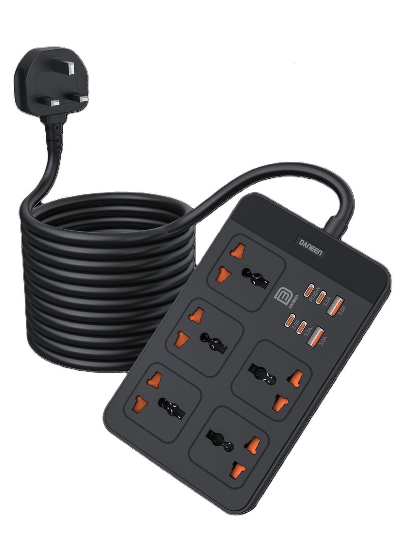 DANEEN 11 in 1 Universal Power Strip / Extension Cord, 5M Cable long Cord, with Master Switch, 4 Type-C and 2 USB Fast charging Ports,10A Fused UK Plug, 2500W Power Capable, & Earthling & Surge Protection - Black  - Image 1
