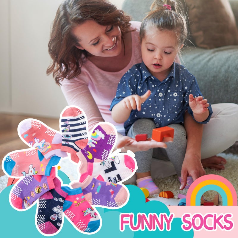 Welwoos Baby Girls Toddlers Grips Socks Kids Non Slip Anti Skid Ankle Unicorn Gift Cotton No Show Socks with Grippers 9 Pairs (Rainbow Unicorn, 3-5 Y) - Image 4