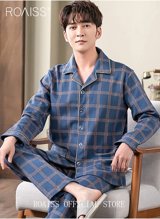 roaiss - 2-Piece Pajama Set Men's Cotton Long Sleeve T-Shirt Long Pants Sets Checkered Print Pattern Sleepwear Nightgown Male Loose Spring Summer Thin Loungewear Home Clothes - Image 1