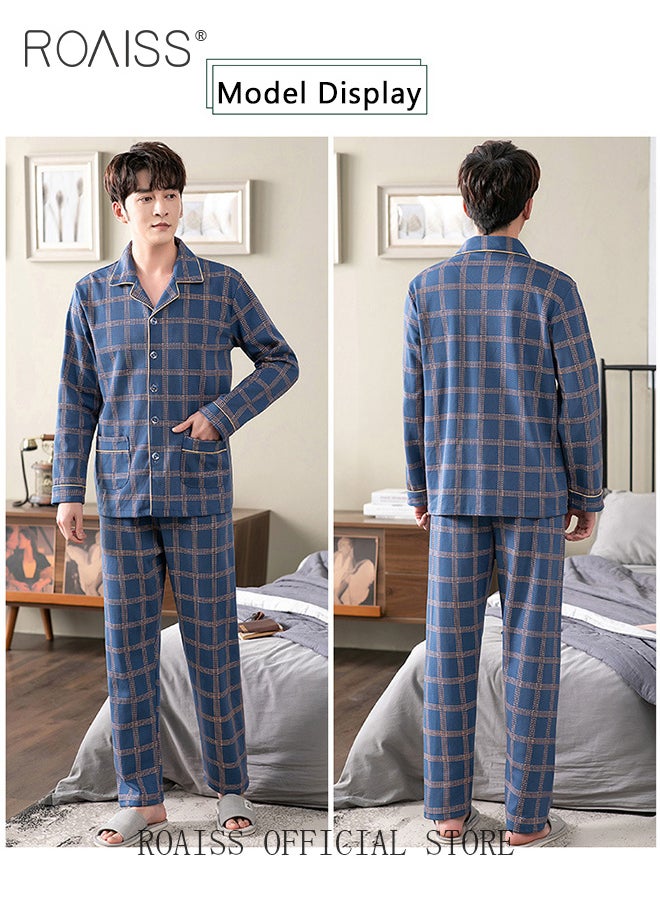 roaiss - 2-Piece Pajama Set Men's Cotton Long Sleeve T-Shirt Long Pants Sets Checkered Print Pattern Sleepwear Nightgown Male Loose Spring Summer Thin Loungewear Home Clothes - Image 1