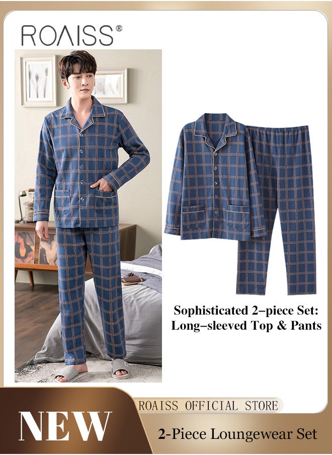 roaiss - 2-Piece Pajama Set Men's Cotton Long Sleeve T-Shirt Long Pants Sets Checkered Print Pattern Sleepwear Nightgown Male Loose Spring Summer Thin Loungewear Home Clothes - Image 1