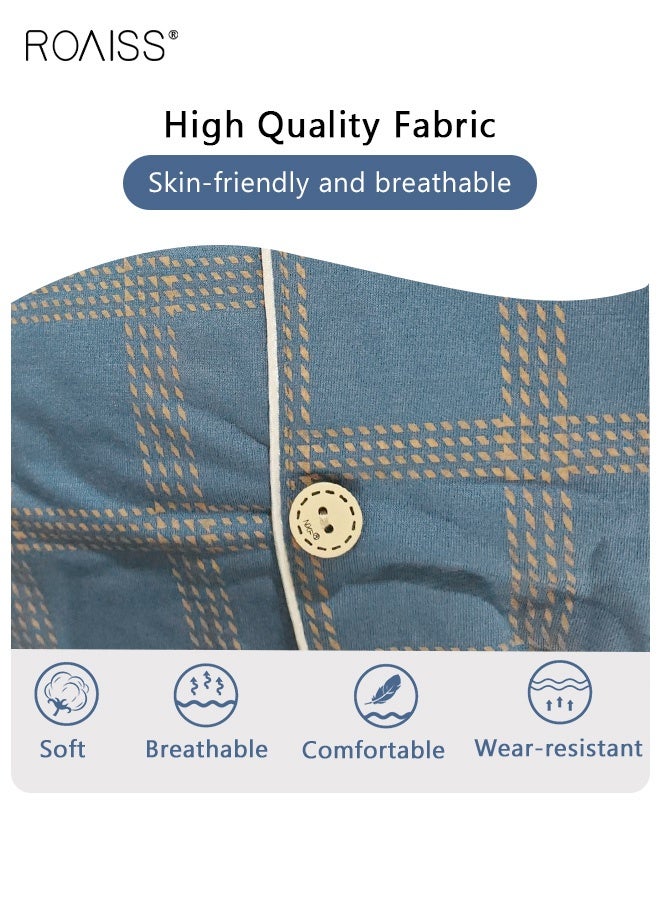 رويس طقم بيجامة مكون من قطعتين للرجال من القطن بأكمام طويلة تي شيرت أطقم سراويل طويلة نمط طباعة مربعات ملابس نوم ثوب نوم رجالي فضفاض للربيع والصيف ملابس منزلية رفيعة - Image 4