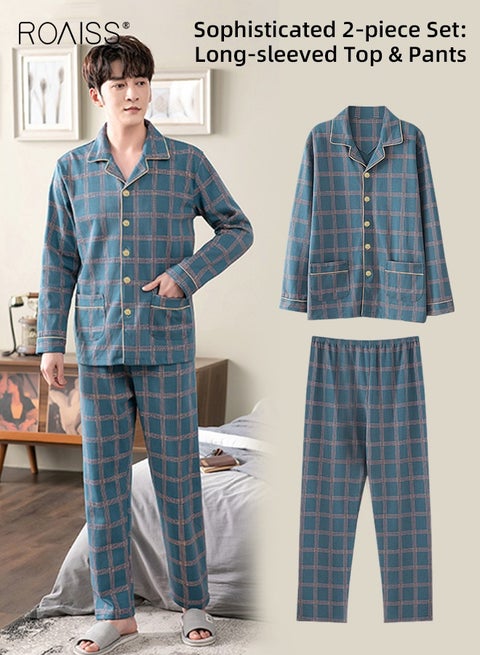 2-Piece Pajama Set Men's Cotton Long Sleeve T-Shirt Long Pants Sets Checkered Print Pattern Sleepwear Nightgown Male Loose Spring Summer Thin Loungewear Home Clothes