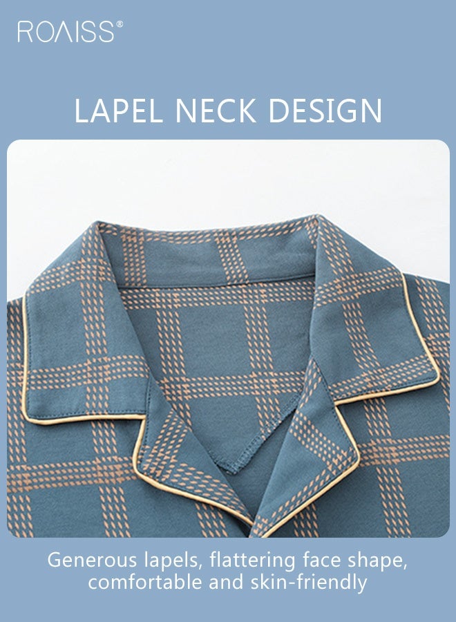 رويس طقم بيجامة مكون من قطعتين للرجال من القطن بأكمام طويلة تي شيرت أطقم سراويل طويلة نمط طباعة مربعات ملابس نوم ثوب نوم رجالي فضفاض للربيع والصيف ملابس منزلية رفيعة - Image 5