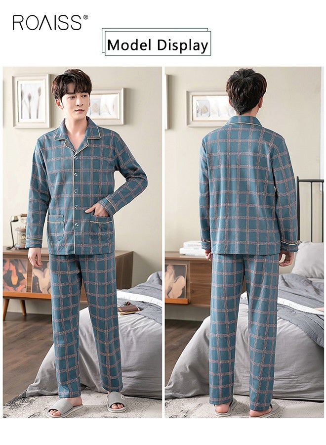 رويس طقم بيجامة مكون من قطعتين للرجال من القطن بأكمام طويلة تي شيرت أطقم سراويل طويلة نمط طباعة مربعات ملابس نوم ثوب نوم رجالي فضفاض للربيع والصيف ملابس منزلية رفيعة - Image 3