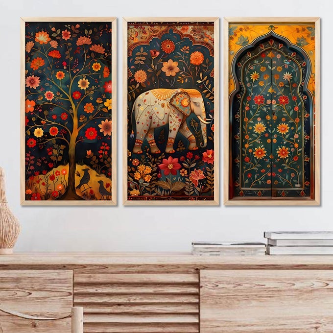 PAINTING FOR WALL DECORATION TRADITIONAL INDIAN ART PICHWAI WALL DCOR PAINTINGS TRADITIONAL INDIAN ART PICHWAI WALL DCOR PAINTINGS SET OF 3 10X19 INCH A