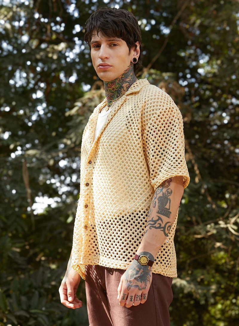 Campus Sutra Men's Buff Beige Open-Knit Resort Oversized Shirt