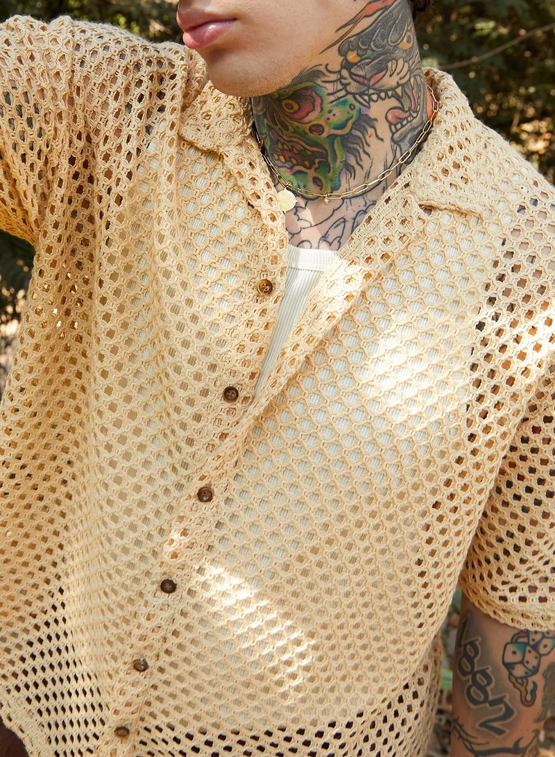 Campus Sutra Men's Buff Beige Open-Knit Resort Oversized Shirt