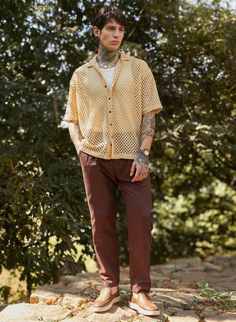 Campus Sutra Men's Buff Beige Open-Knit Resort Oversized Shirt