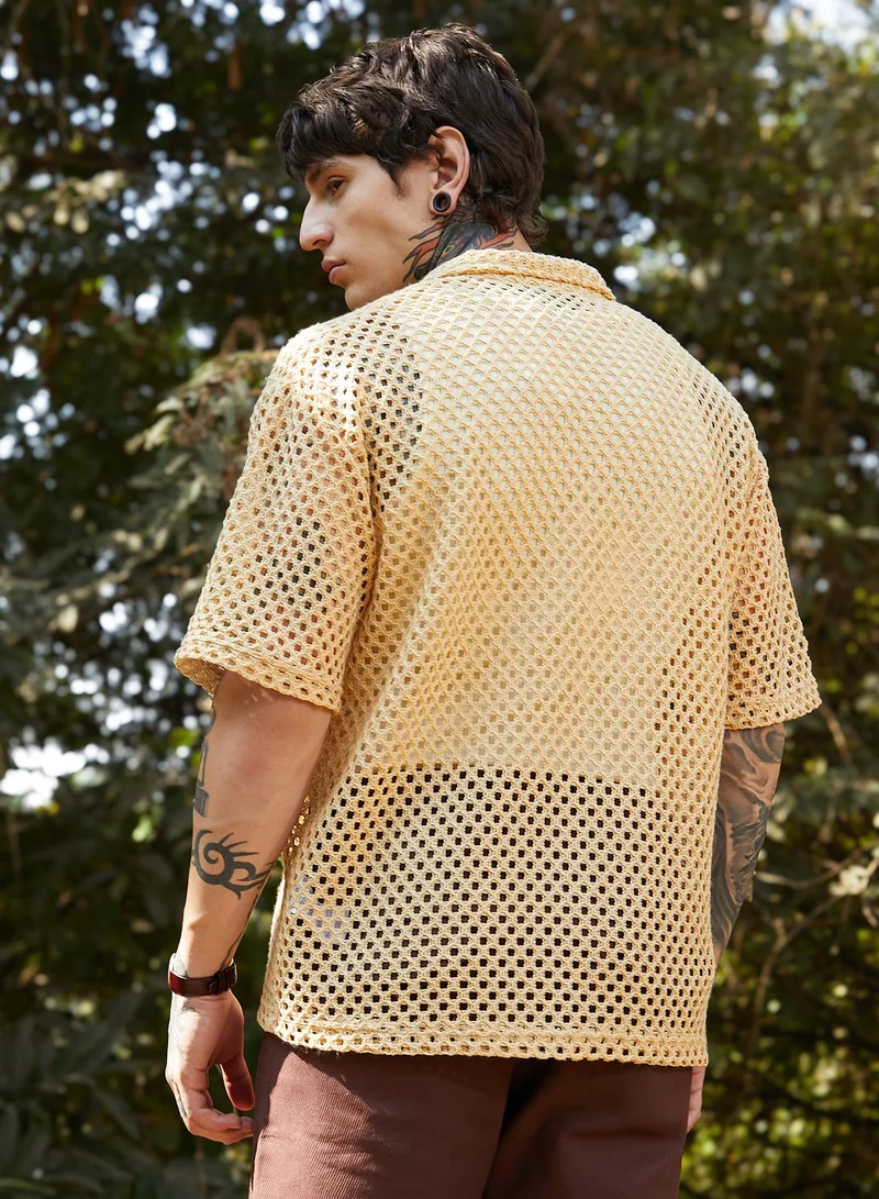Campus Sutra Men's Buff Beige Open-Knit Resort Oversized Shirt