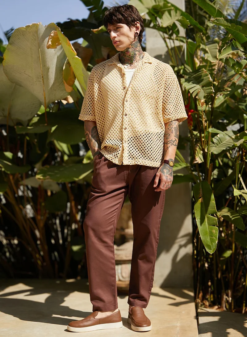 Campus Sutra Men's Buff Beige Open-Knit Resort Oversized Shirt
