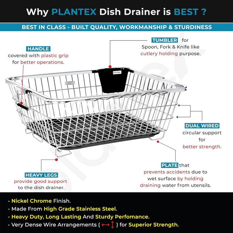 Plantex Stainless Steel Dish Drainer Basket for Kitchen Utensils/Dish Drying Rack with Drainer/Bartan Basket/Plate Stand(Size- 58.5x44.5x23.5 CM - Chrome Finish) - Image 3