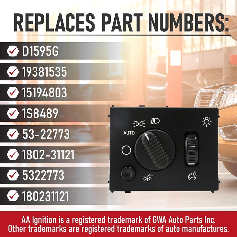 AA Ignition Headlight Instrument Panel Dimmer Dome Lamp Switch - Replaces D1595G, 19381535, 15194803, 1S8489 - Compatible with Chevy, GMC & Hummer Vehicles - Silverado, Avalanche, Suburban, Tahoe, Sierra, Yukon - Image 3