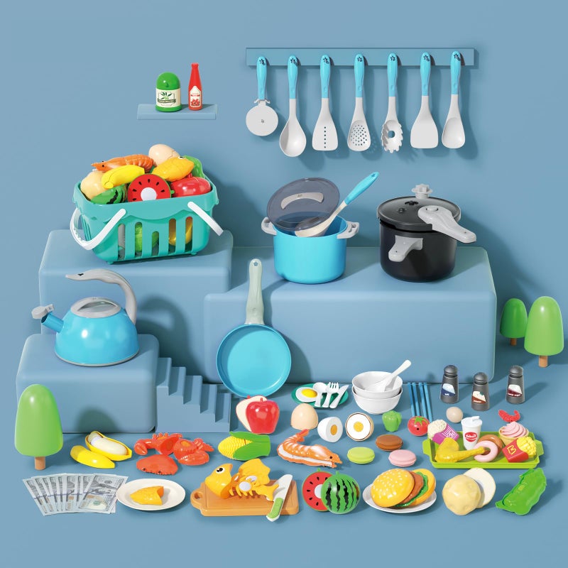 Funpynani 130Pcs Kitchen Playset, Toddler Pretend Cooking Play Pots, Pans, Utensils Cookware, Daily Food Fruit Veges, Shopping Storage Basket, Dessert, Prop Money, Learning Gift for Child (Turquoise) - Image 3