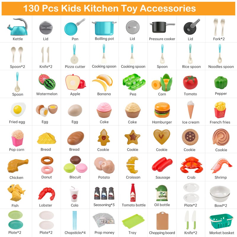 Funpynani 130Pcs Kitchen Playset, Toddler Pretend Cooking Play Pots, Pans, Utensils Cookware, Daily Food Fruit Veges, Shopping Storage Basket, Dessert, Prop Money, Learning Gift for Child (Turquoise) - Image 2